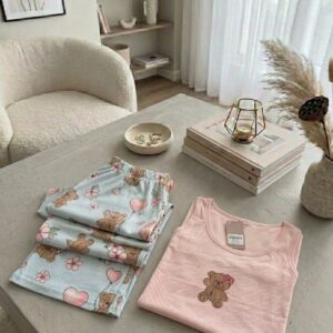 Pyjama côtelé rose & bleu motif ourson🧸✨
