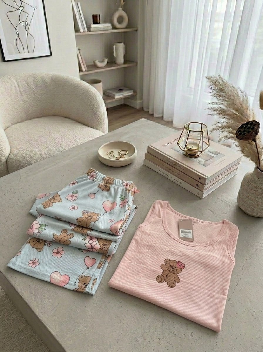 Pyjama côtelé rose & bleu motif ourson🧸✨